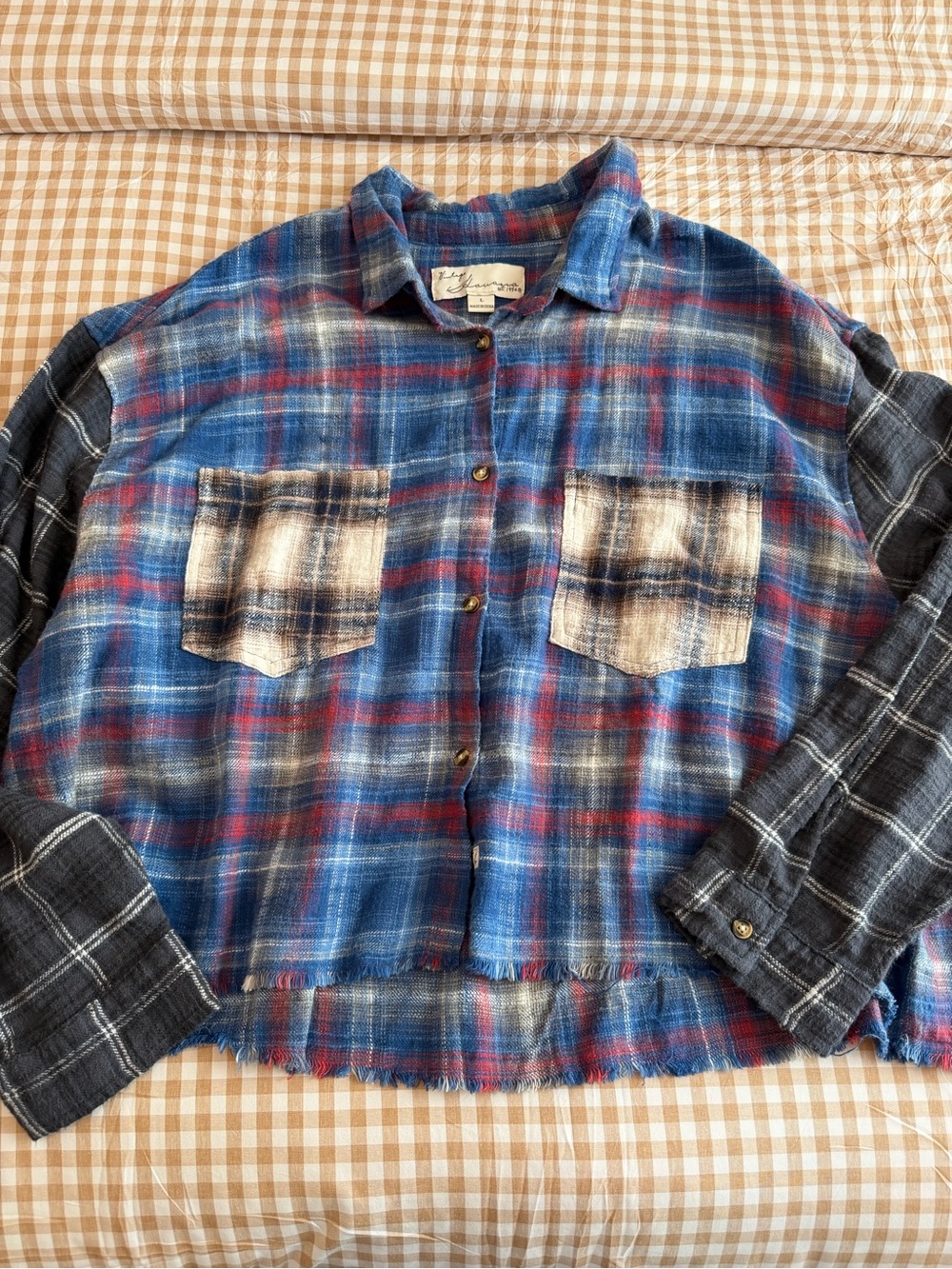 Vintage Havana Blue and Red Plaid Mixed-Flannel Button-Down